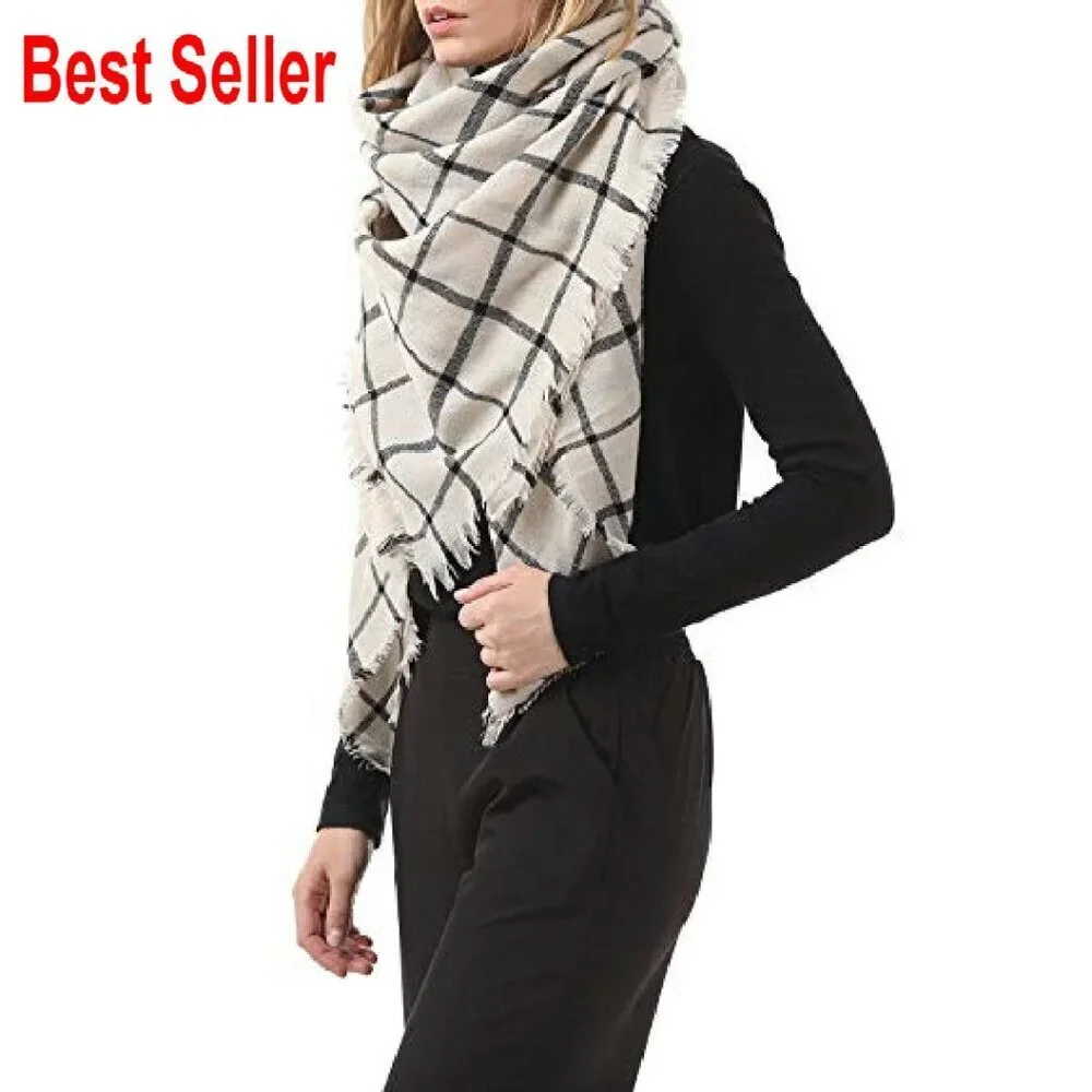 Oversized Plaid Blanket Scarf Cashmere-Like Acrylic Wrap Shawl Chic